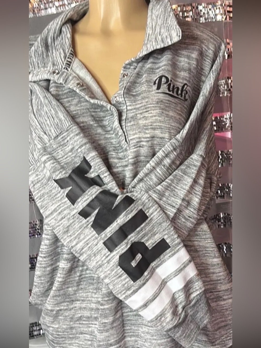PINK Victoria's Secret Gray Marled Pullover with Black Logo